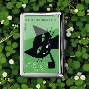 Vintage Smoking Cat Green Cigarette Case Money Card Holder, Zigarettenetui, Business Card, Antique Alive, Flower