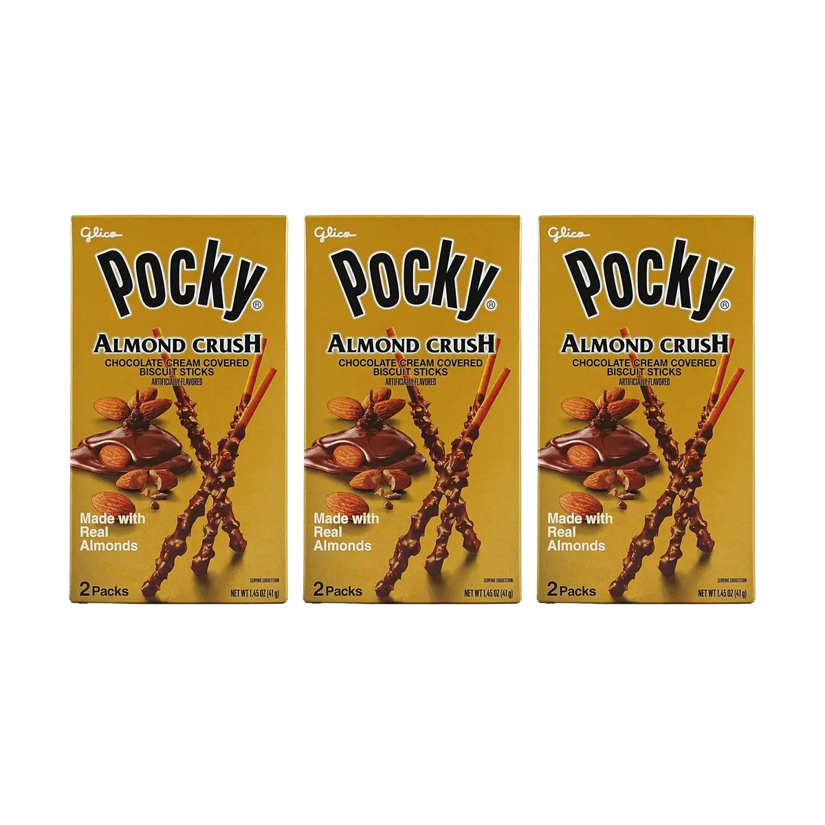 Glico Pocky Almond Chocolate Cream Coated Biscuit Sticks, 3 Value Packs (2 Bags x 41g Each), Crunchy Snack for Parties & On-the-Go