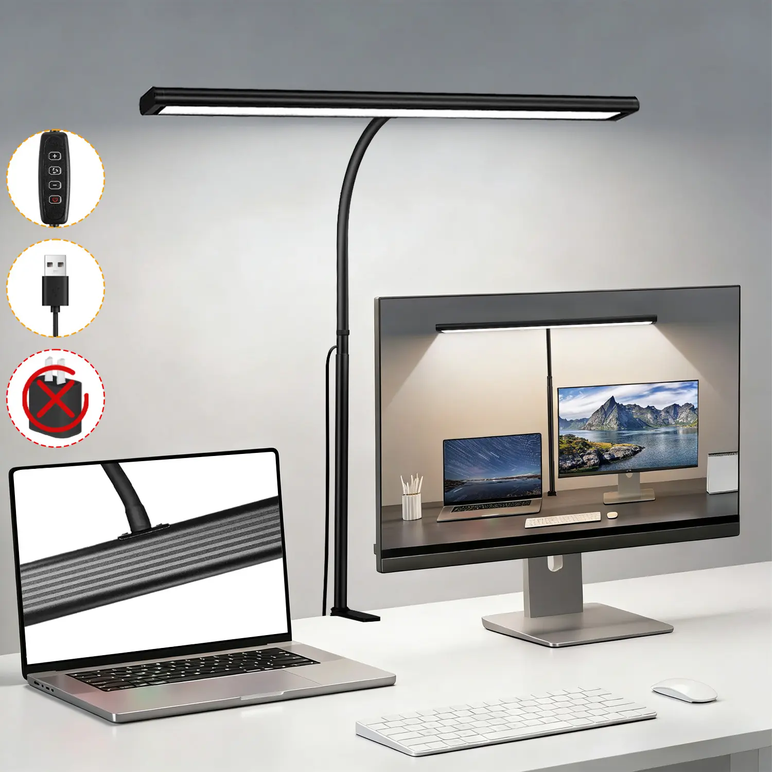 LED Desk Lamp for Home Office – Eye-Caring Desk Light with Flexible Gooseneck, Clamp 30 Lighting Modes & USB Plug for Study, Crafting Task Lamp, Dimmable Desk Lights, Black/White(No USB Adapter)