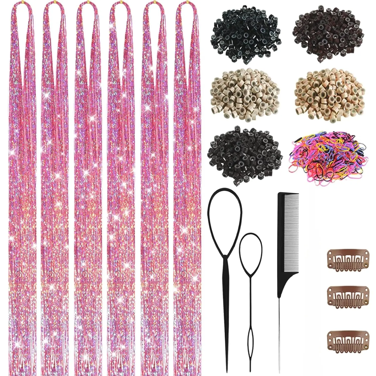 Pink Hair Tinsel Kit for Girls 1800 Strands Fairy Tinsel Hair Extensions Holographic Hair Tinsel Heat Resistant Colored Hair Glitter Christmas Party Festival