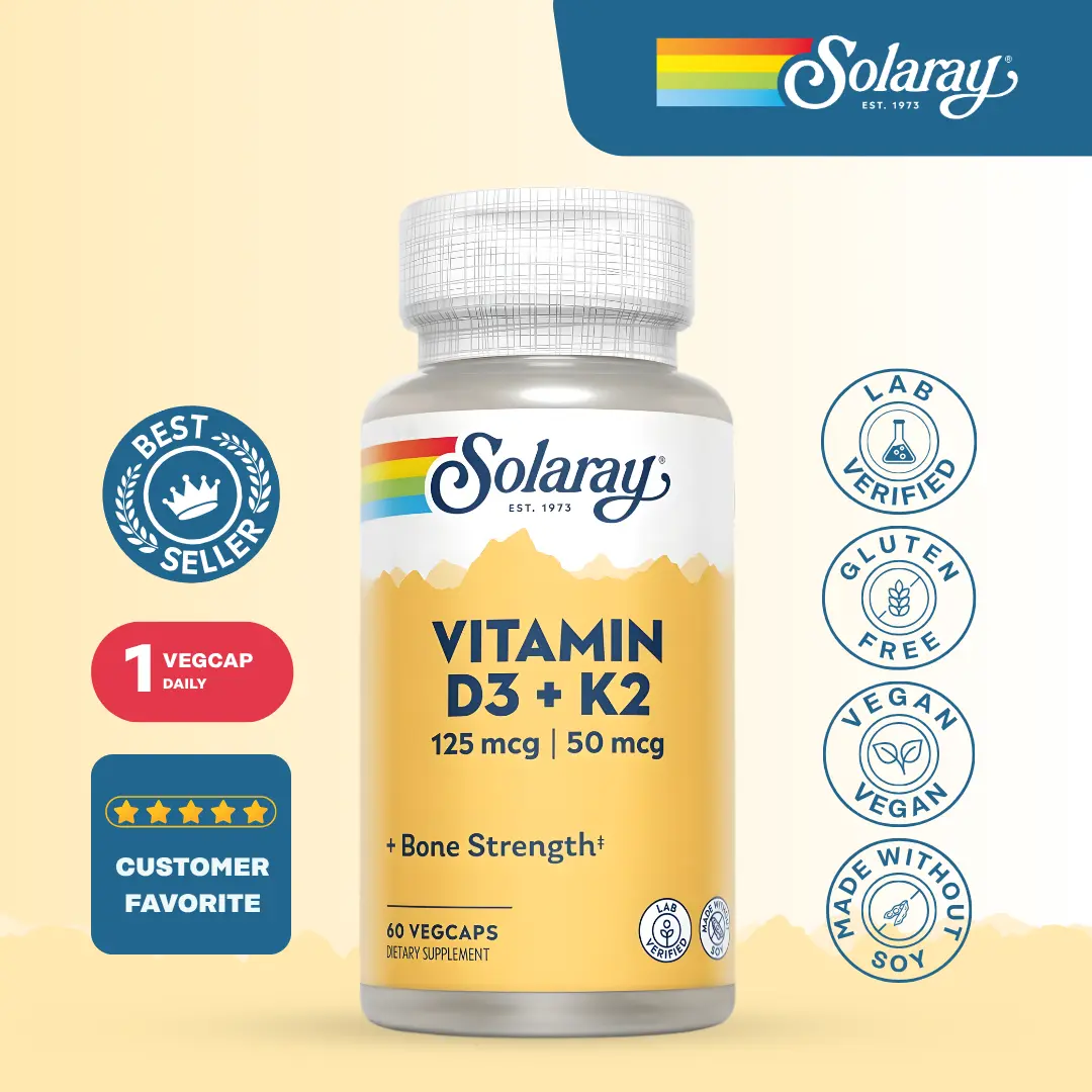 Solaray Vitamin D3 + K2 125 mcg VegCaps for Adults – Vitamin D3 5000 IU Supplement with K2 MK-7 for Bone, Immune & Calcium Support