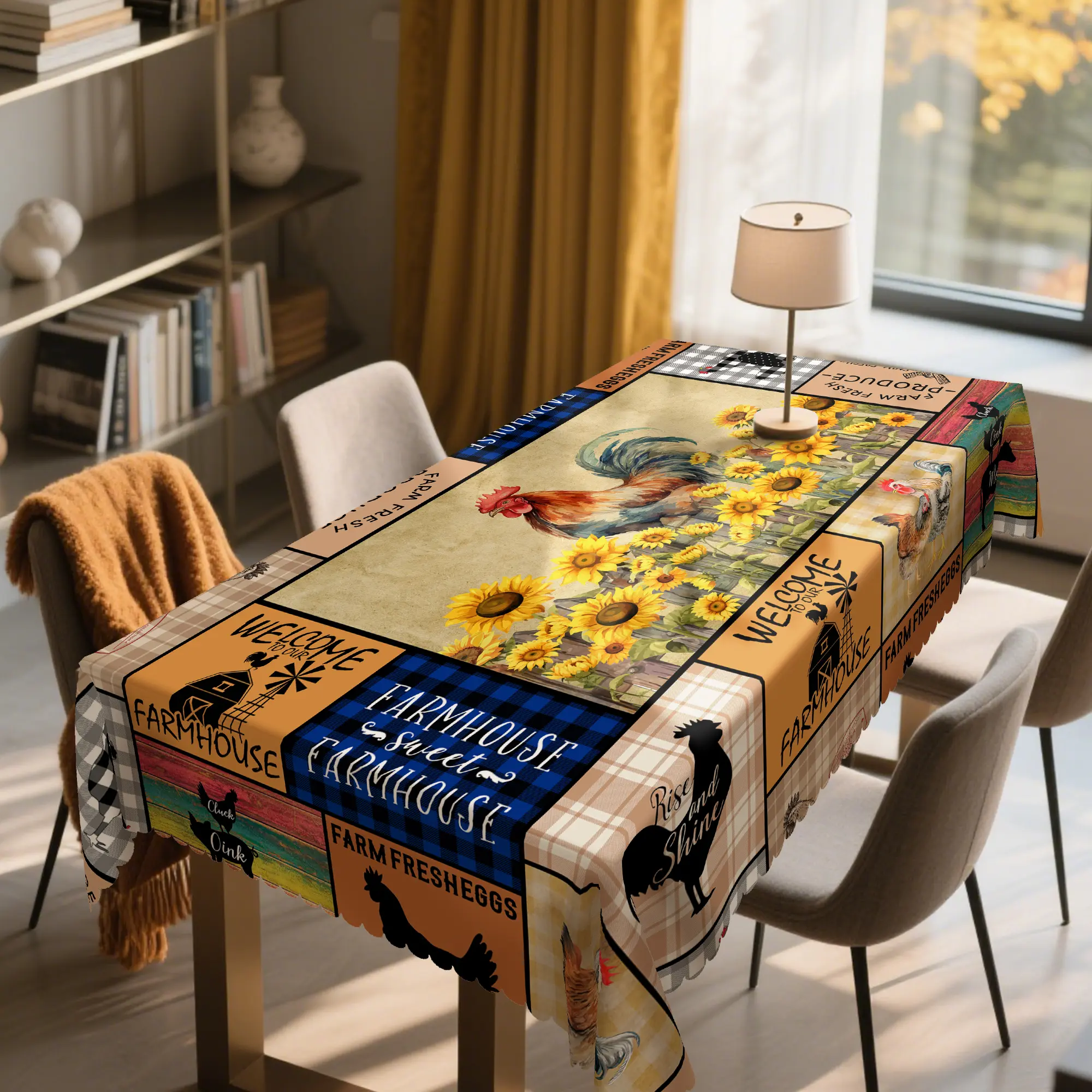 1pc Vintage Farmhouse Rooster & Sunflower Tablecloth,Round Table Cloth, Rectangular Tablecloth Kitchen Dining Table Cover with Floral and Animal Design, Rooster Decor, Perfect for Indoor/Outdoor, Thanksgiving Home Decor, and Holiday Gifts table linens