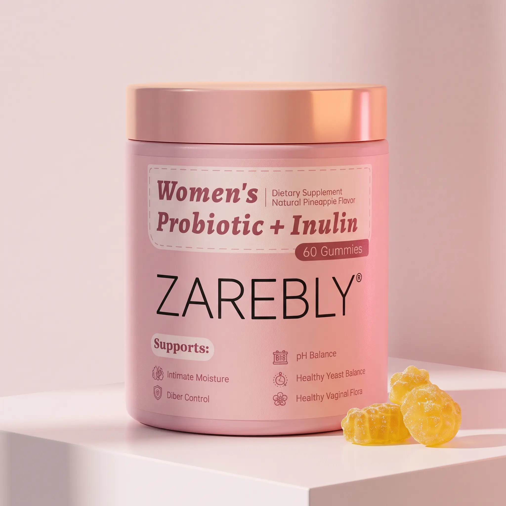 ZAREBLY Women's Pineapple Feminine Probiotics Gummies (60 Pieces) - Prebiotic + Lactobacillus, All-in-1 Intimate Health Support, pH Balance, Moisturizing Dryness Relief, Gut Support, Youth Boost woman Female Wellness Sleep