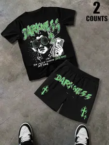 Men's Gothic Hip Hop Two-Piece Set, Vintage Darkness Money Print T-Shirt & Shorts, Comfortable Summer Street Style for Festivals