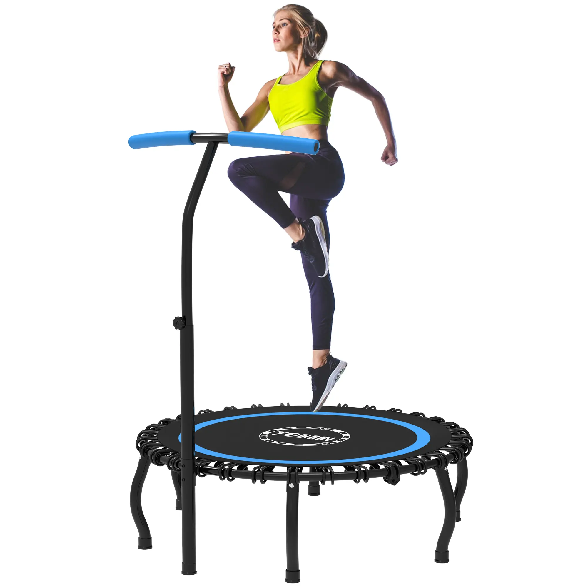 YORIN Round Fitness Trampoline for Adults, 40/48/50 Inch Foldable Rebounder with Adjustable Handlebar, Quiet Springless Galvanized Steel Training Equipment for Indoor Jumping Exercise, Supports 570 lbs