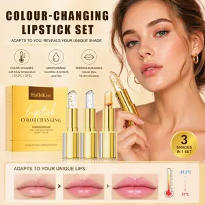 HelloKiss 3Pcs Color-Changing Lip Balm Set, PH Temperature Reactive Tint, Gold Crystal Glossy Finish, Hydrating Smooth Texture, Long-Lasting Moisturizing, Shiny Soft Lip Care