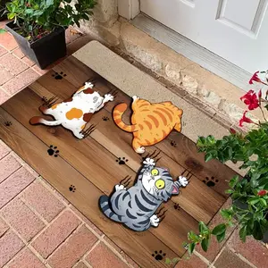 1 Piece Long‑Pile Flannel Cute Cartoon Welcome Doormat with Multi‑Cat Vintage Wood‑Grain Pattern Print, Polyester Rug, Soft Floor Mat, Ideal for Indoor & Outdoor Entryways, Quick‑Dry Casual Kitchen Mat