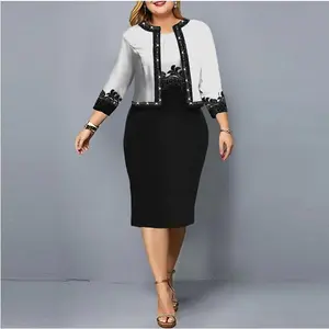 Women's Plus Size Border Print Knee Length Sheath Dress and 3/4 Sleeve Jacket 2-Piece Set