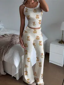 Cute Print Knitted Vest Set, Casual Loungewear Set, Women's Casual Sleeveless Top, Soft Knitting Tops, Fashionable V Neck Design, Perfect for Spring & Fall Seasons