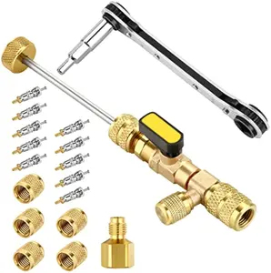 Valve Core Remover Tool and HVAC Service Wrench Set with Hex Bit Adapter, Dual Size SAE 1/4 & 5/16 Port, 10 PCS Valve Cores with Teflon Seal, 5 PCS Brass Nuts for HVAC Equipments Repair