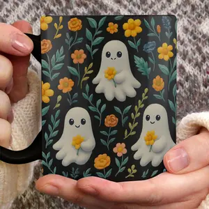 Vintage Floral Ghost Coffee Mug, Cute Spooky Ghosts In Autumn Flowers Teacup - hll10820