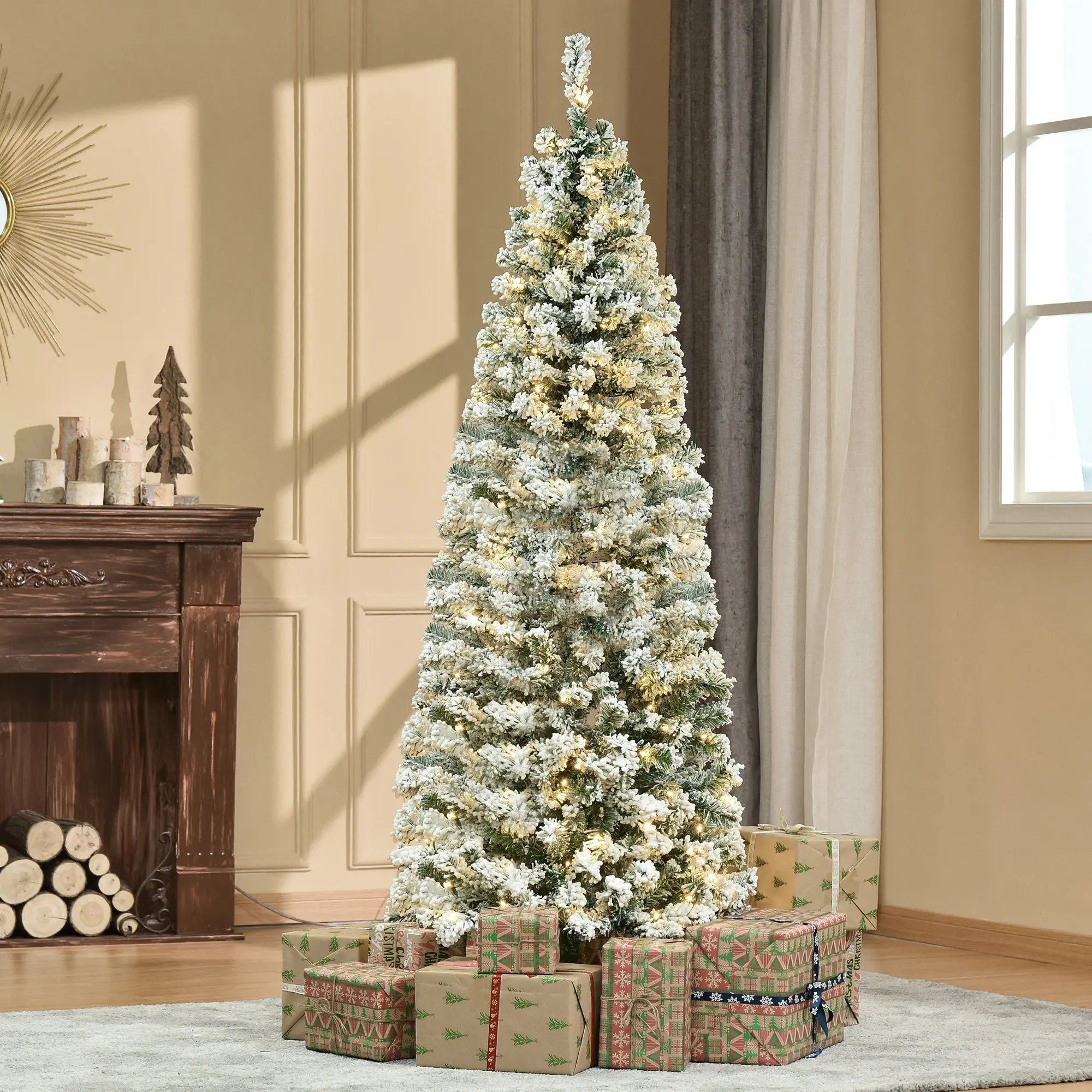 6ft Pre-Lit Snow-Flocked Slim Douglas Fir Artificial Christmas Tree - 250 LED Lights, 462 Realistic Branches, Festive Home Christmas Decor