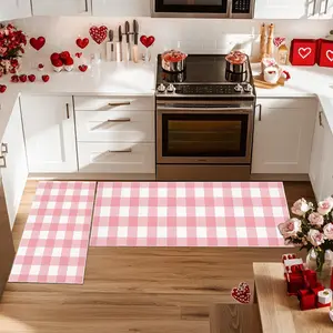 Kitchen rugs, Kitchen runner rug, Valentine's Day 2-piece kitchen mat set, classic pink plaid design, soft, comfortable, machine washable, a Valentine's Day gift, versatile enough for kitchen, living room, bedroom, bathroom, Home Decorative Rugs