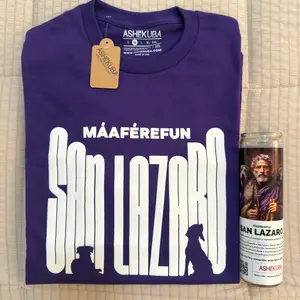 ASHEKUBA Combo Espiritual SAN LÁZARO – Camiseta + Vela Consagrada | Unisex | 100% Algodón | Hecho en USA