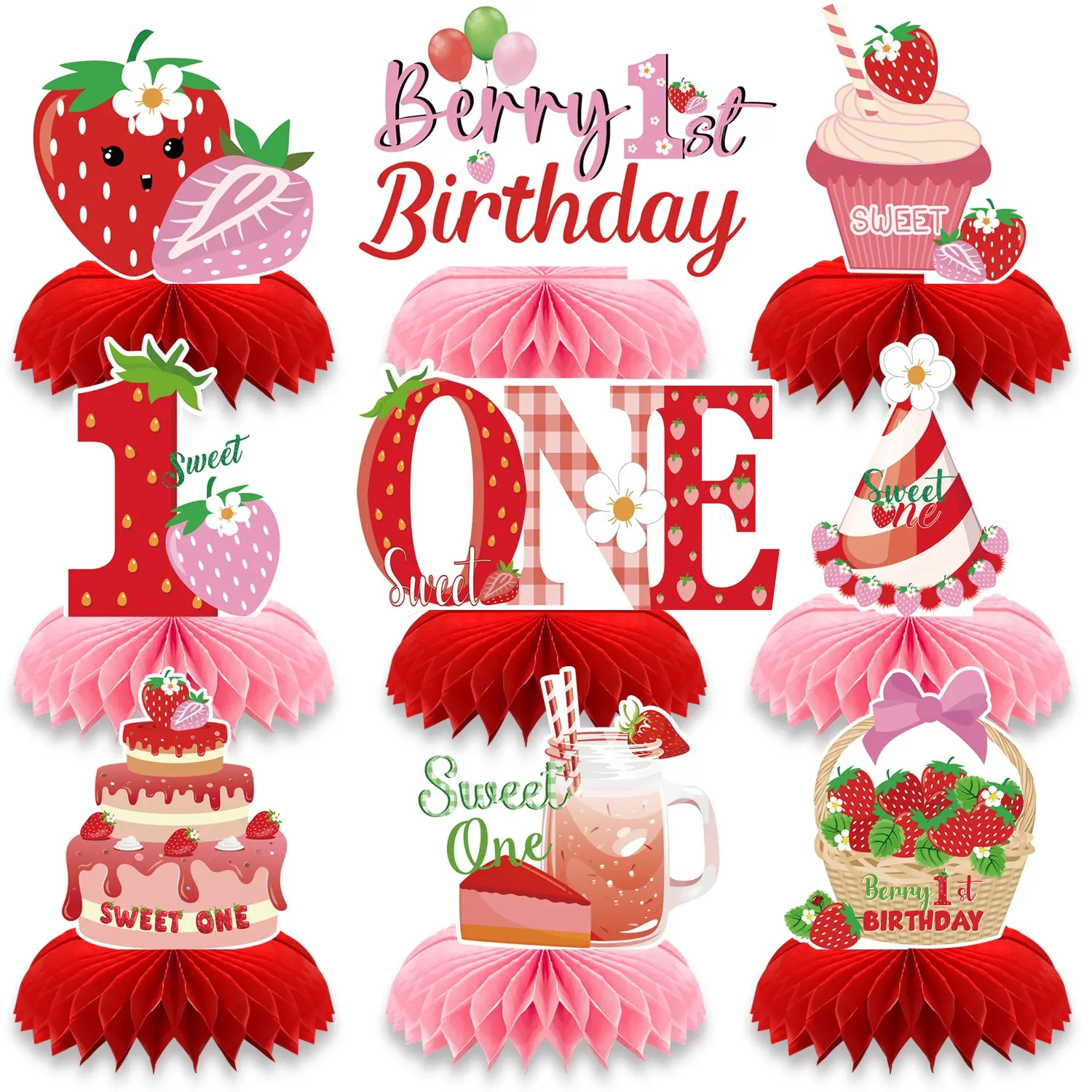 9Pcs Strawberry ONE Birthday Decorations, Party Decoration Set, 3D Honeycomb Centerpiece Table Decorations for First ONE, 1st Theme Party Baby Shower Supplies Table Centerpieces Fruit Ornaments