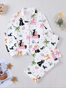Cartoon Print Pajama Set, Girls' Cute Princess Long Sleeve Pants Homewear, Fireproof Sleepwear, Fall Winter New Style