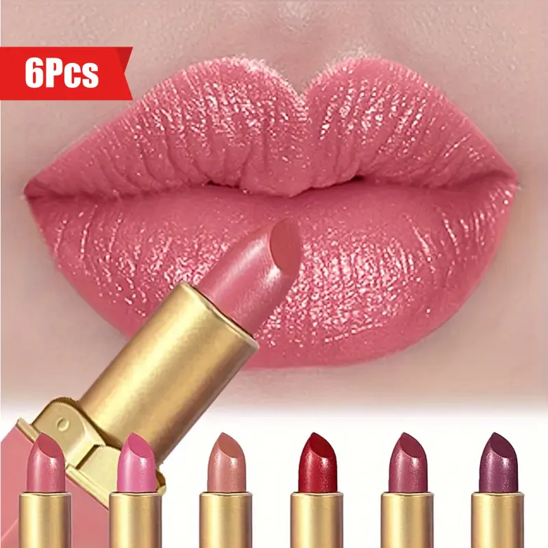 set of 6pcs Mermaid Sparkle Velvet Lipstick - Metallic Finish, Luxurious Long Lasting, High Gloss Makeup, High Gloss Shine, Long-Lasting Shine & Glitter, Perfect Gift for Women - Available in Orange, Pink, Purple, Red