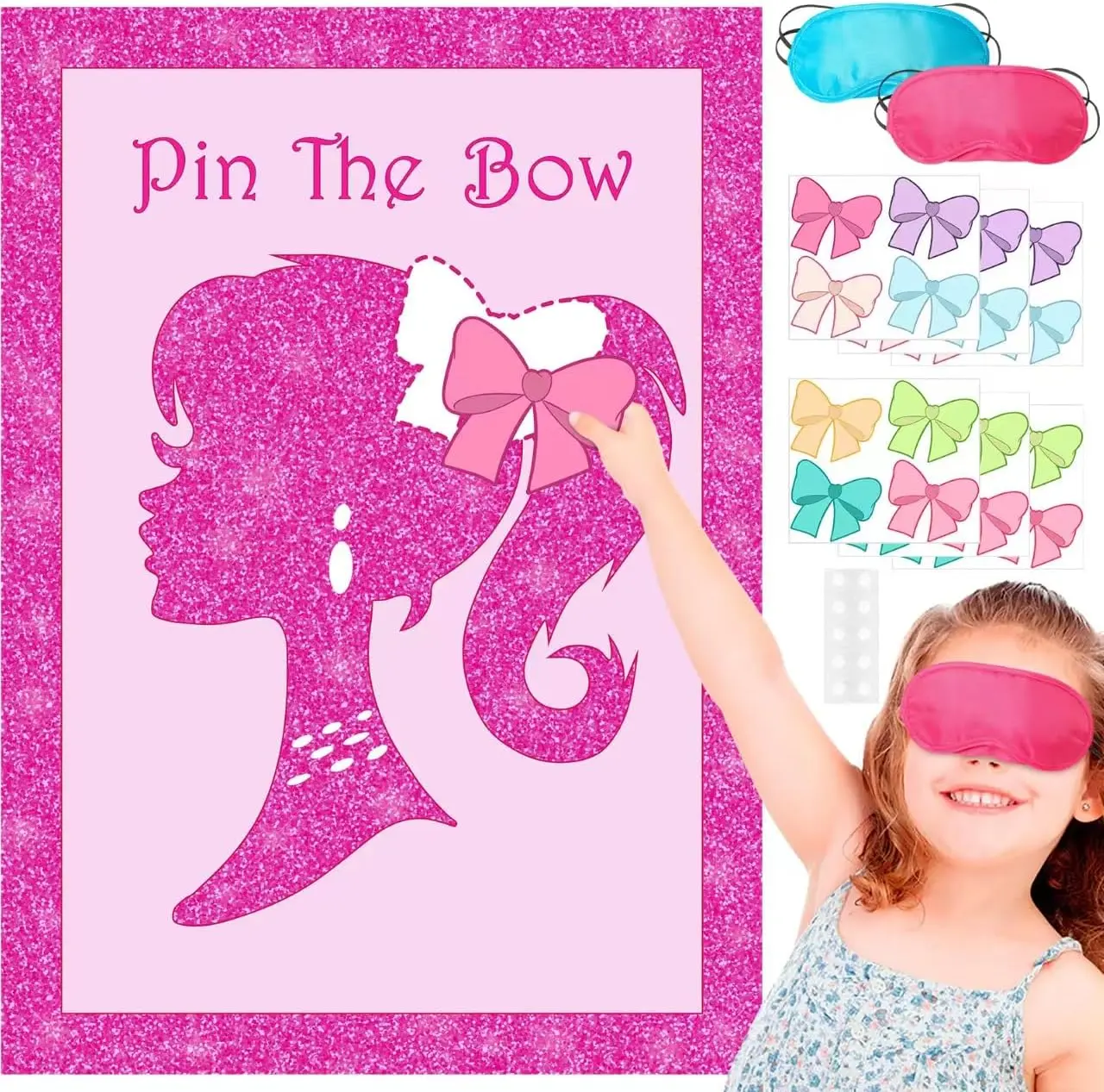 Pink Princess Party Game for Girls – Pin The Bow on The Head Birthday Party Decorations with Large Poster & 24 Bow Stickers, Cute Kids Party Favors & Fun Family Games
