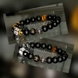 Matte Black Onyx Tiger Eye Mix 10mm Sterling Silver Lucky Dragon Bracelet