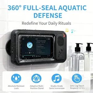 Waterproof Shower Phone Holder with BluetoothSpeaker,360° Rotating Anti-Fog Touchscreen WatchVideos,Listen to Music & Take Calls in Shower, Bathroom,Kitchen& Pool Smartphone Stand phone mount