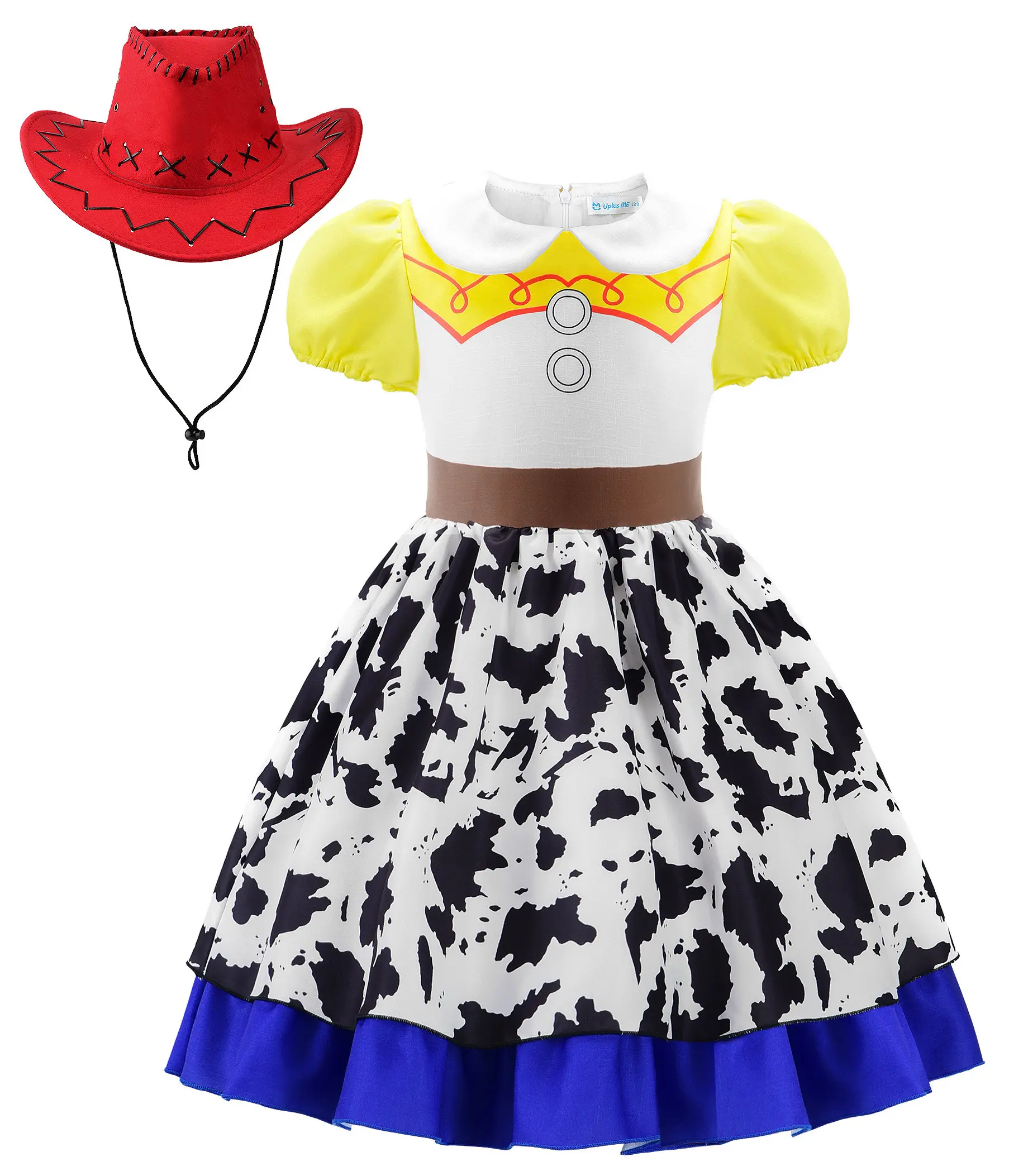 Cowgirl Costume Girls Jessie Costume Halloween Party Princess Dress Up Outfit with Red Cowboy Hat Short Puff Sleeves Knee Length Dress 3 Layer Skirt cosplay