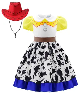 Cowgirl Costume Girls Jessie Costume Halloween Party Princess Dress Up Outfit with Red Cowboy Hat Short Puff Sleeves Knee Length Dress 3 Layer Skirt cosplay