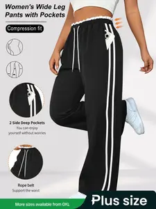 Plus Size Women's Colorblock Print Wide Leg Pants, Adjustable Drawstring Elastic Waist, Casual Athletic Loose Fit for Daily Wear & Back-To-School Season