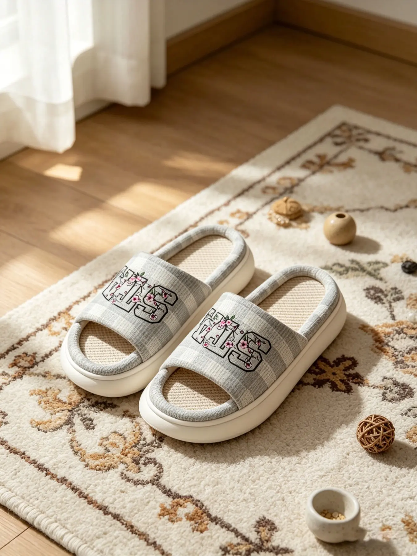 Korean Style Plaid Cherry Blossom Letter Embroidery House Slippers for Women, Waffle Texture Linen Breathable Thick Sole Soft Elastic Sandals