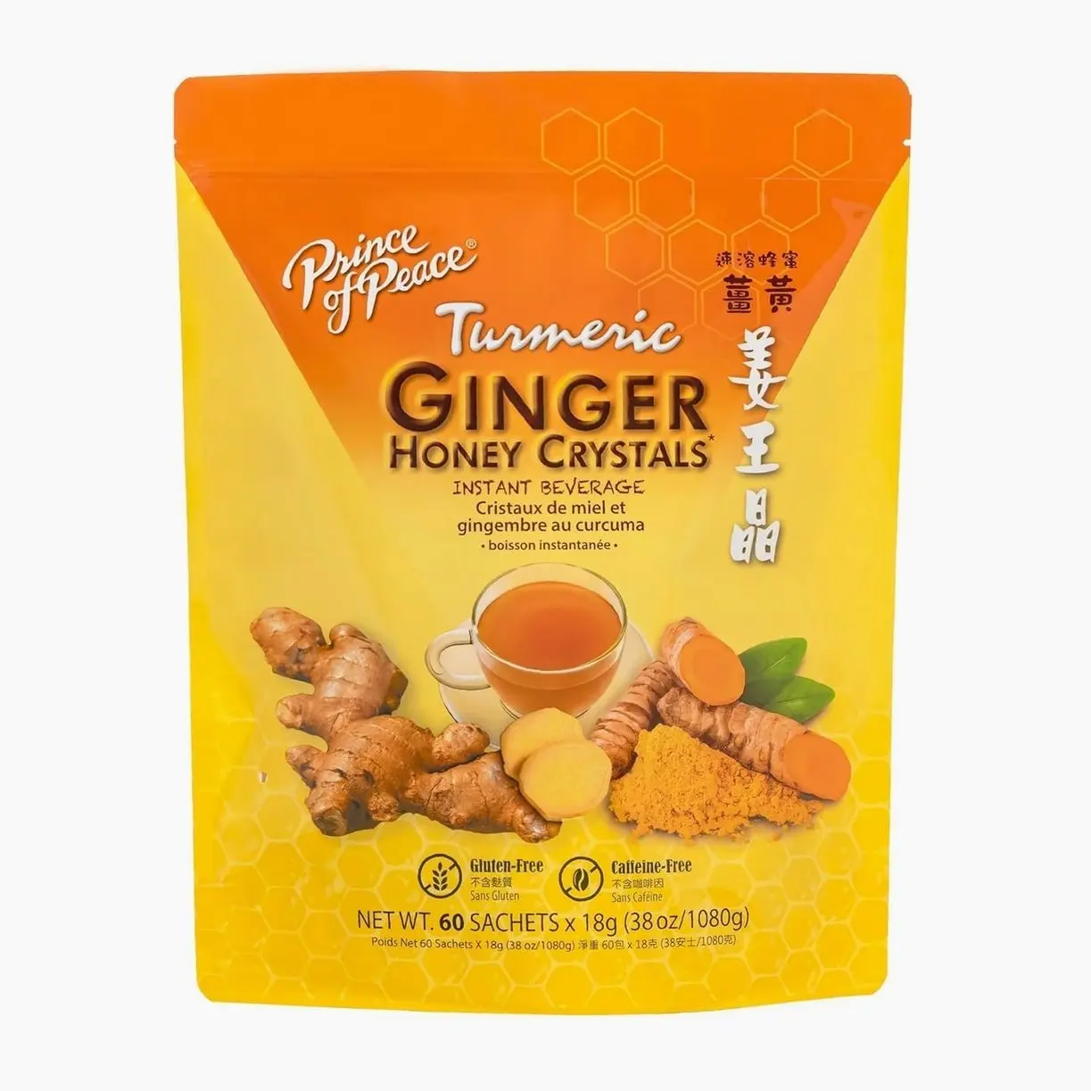 Prince of Peace Instant Ginger Honey Crystals with Turmeric, Value Pack 60 Sachets – Instant Hot or Cold Beverage Easy to Brew – Drink Like a Tea – Caffeine and Gluten Free – Real Ginger 38oz (1080g)undefined