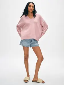 Women's Minimalist Organic Cotton Knitwear Longsleeves Sweater - Oversized V-Neck, Rib Trim, Casual Turkish Basic Top for Everyday Wear