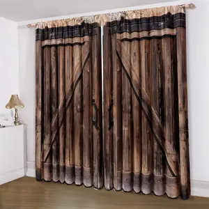 Wooden Door Pattern Curtain, 2 Counts Vintage Rustic Wooden Door Curtain, Light Filtering Curtain for Kitchen Living Room Office Bedroom Decoration Home Textile