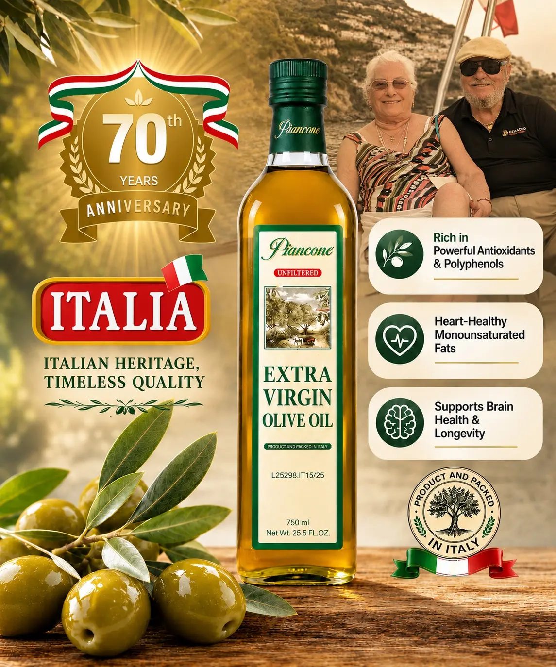 Nonna Piancone's Extra Virgin Olive Oil, 750 ml - First Press, Unfiltered, Highest Polyphenols, Product of Puglia, Italy