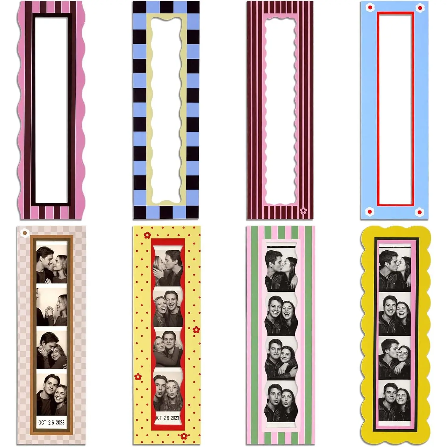 Tellegloww 8 Pcs Magnetic Photobooth Frame Set, Fridge Magnet Photo Frames Fits 1.5 x 8 Inch Photo Booth Strips, Colorful Vintage Vertical Frames for Refrigerator, Kitchen & Home Decor