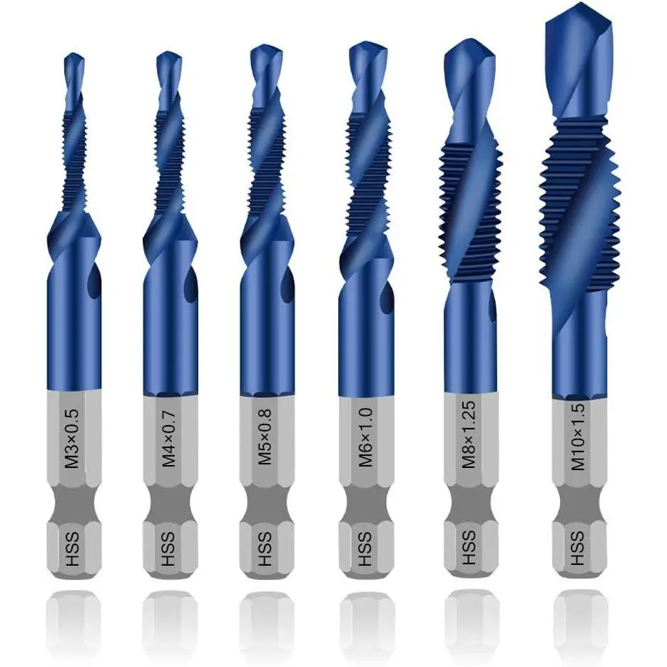 High Quality Material 6-Pack Combination Drill & Tap Bit Set for Power Tools, 6 Sizes (M3x0.5-M10), Nano Blue Coating, Hex Shank, Power Tool Accessory