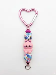 Sweet Pink Bunny Floral Beaded Keychain with Heart Carabiner