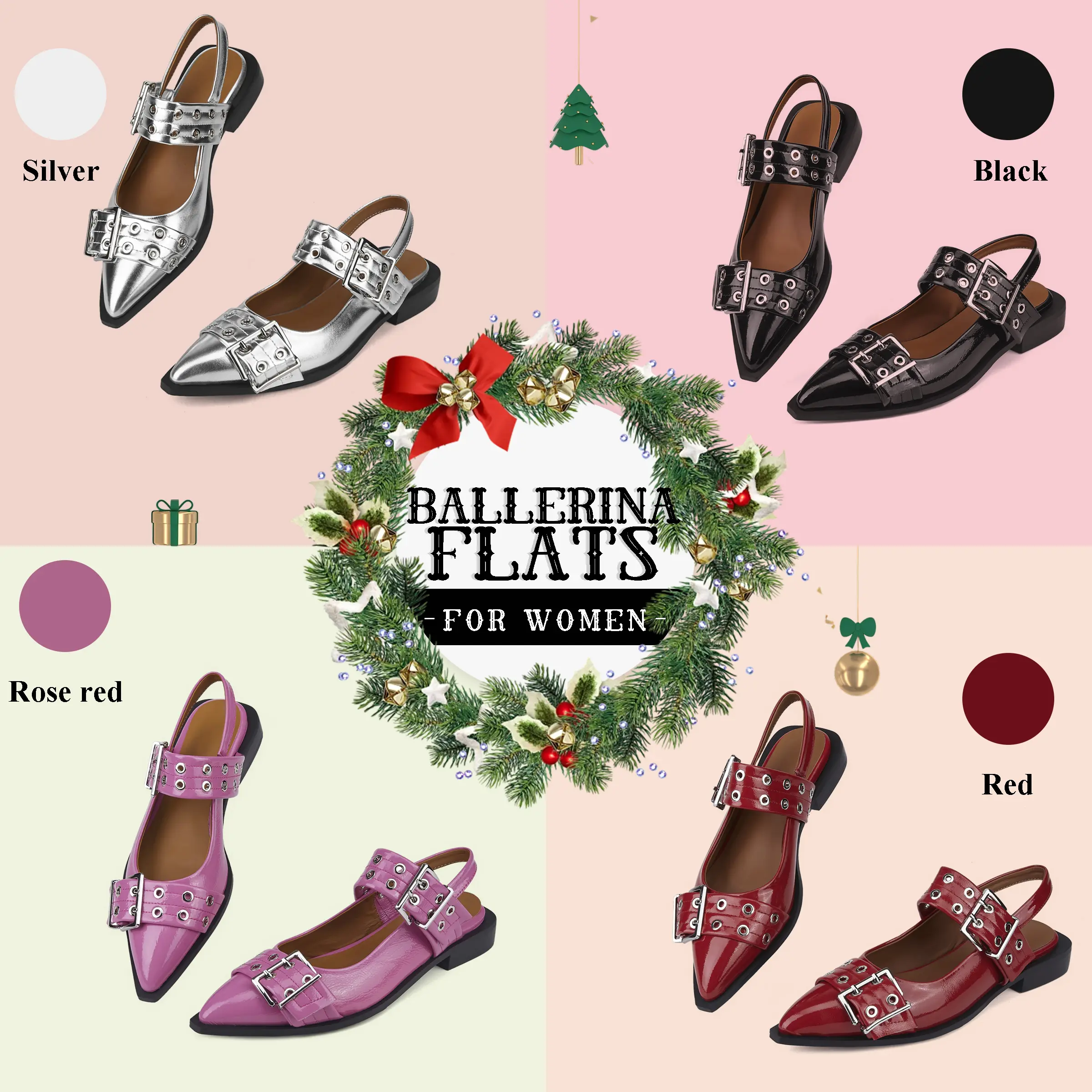 Slingback Flats for Women Buckle Ballet Flats Pointed Toe Casual Dress Flat Shoes Comfortable Ballerina Shoes