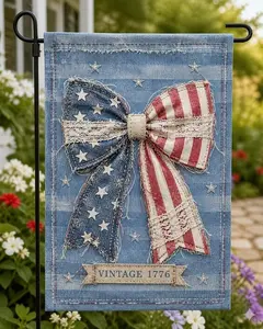 Faux Patchwork Vintage 1776 Patriotic Bow Garden Flag, 250Th Anniversary Americana Decor, Rustic Usa Flag Burlap Yard Flag, Fourth Of July Outdoor Decor, Print Only