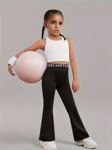 Breathable Girls Flare Pants with Love Waistband, High Elasticity Bootcut Trousers, Comfortable Gym & Daily Wear Bottoms