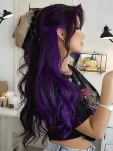 Black Purple Highlight 13x4 Lace Front Wig Body Wave Synthetic Wig HD Transparent Lace Frontal Wig Free Part Natural Hairline Heat-Resistant Fiber for Women Daily Wear 28 Inches