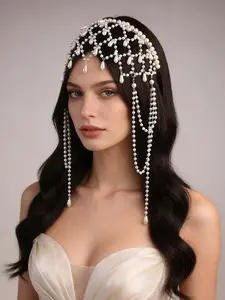 Fashionable Faux Pearl Headband, Versatile Mesh Tassel Pendant, Forehead Chain, Hair-Pressing Dress Accessory, Elegant Jewelry Piece