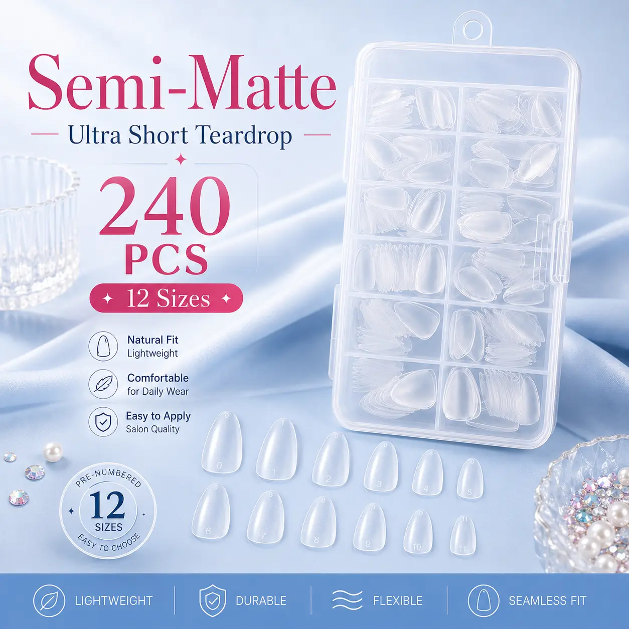 240 PCS Boxed Almond Nail Tips - Semi-Transparent Semi-Matte Seamless Gel-Friendly Extensions, Dual-Use Full/Half Cover Press-Ons with Storage Box, Beginner-Friendly No-Damage DIY Nails Tool for Home Art, Natural Look