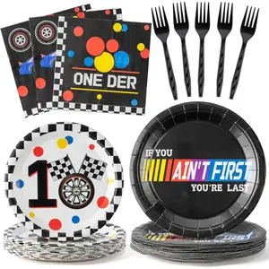 Racing Car First Birthday Party Supplies 96pcs Paper Plates Napkins Forks Kids 1st Birthday Table Decorations Racing Car Themed Disposable Cake Tableware Set for 24 Guests