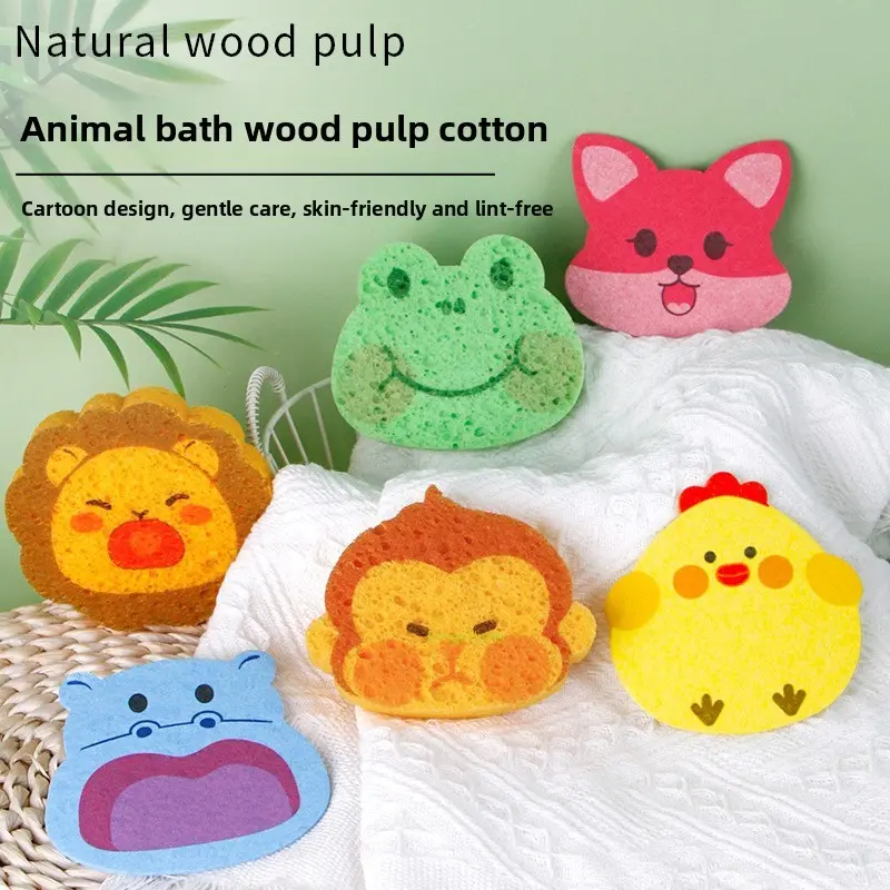 Natural Wood Pulp Cotton Scrubber Sponges - Cute Cartoon Animal Multi-Use Cleansing Gadgets, Gentle Care Absorbent Reusable Bathroom Bathing & Kitchen Washing Accessories, Bathroom Gadgets, Household