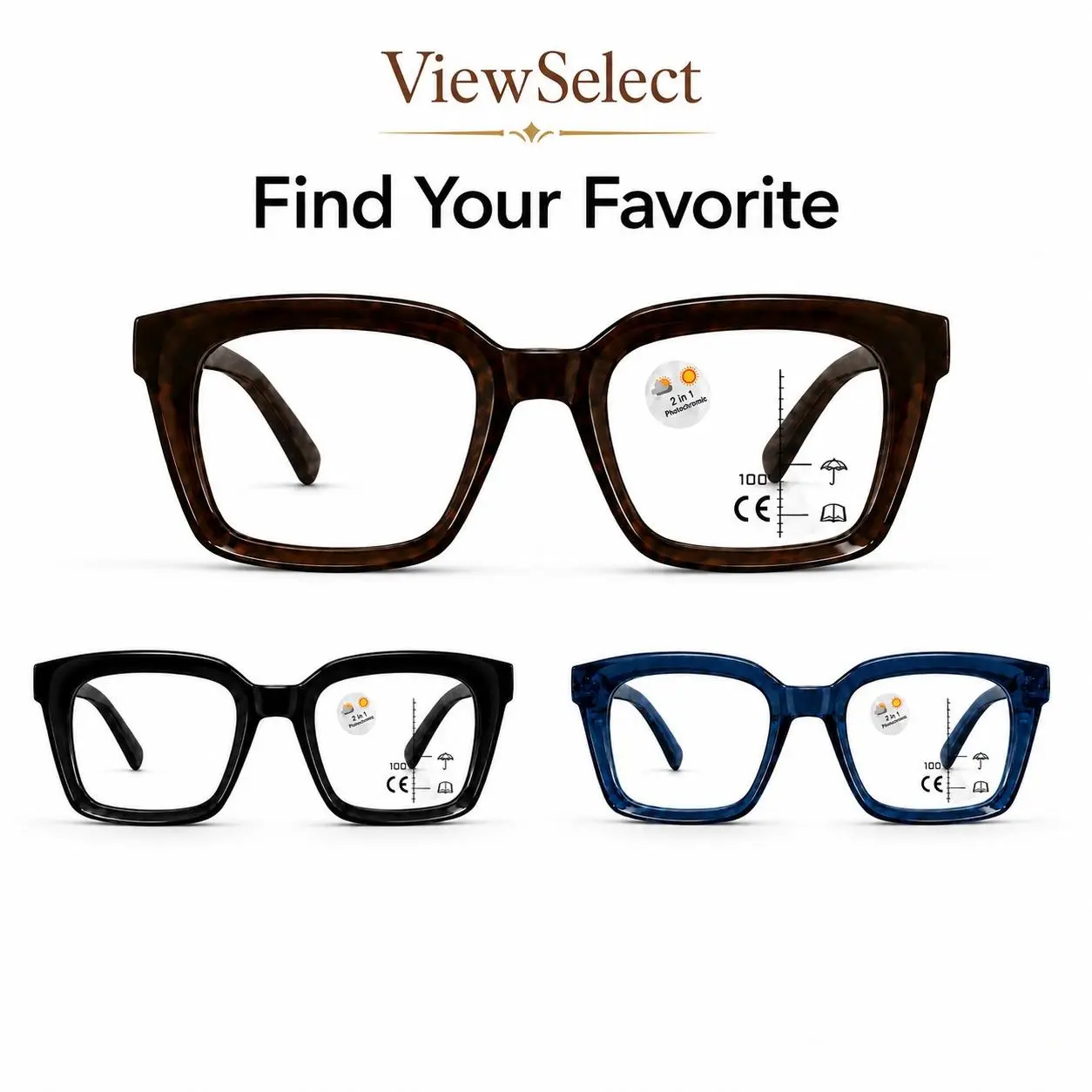 ViewSelect Progressive Multifocal Photochromic Reading Glasses for Women, Men - Oversized Square Frame, Light-Adaptive, Blue Light Filtering, Non-Prescription Near-Mid-Far Vision Eyewear