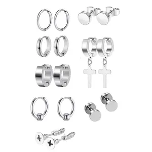 8 pairs of men's earrings set, black stainless steel cross hoop earrings, fashionable hinged hoop earrings for men and women