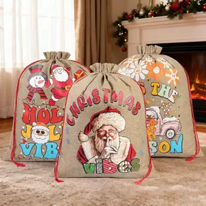 Jagdlied 3PCS Linen Type Christmas Bags for Gifts Multicolor Drawstring Closure Easy Wrapping Supplies Holiday Party Decorations