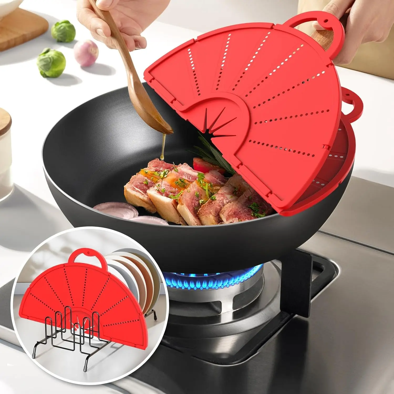 Silicone Splatter Guard for Frying Pans, Foldable Multi-Purpose Kitchen Oil Splash Protector, Heat Resistant Insulation Pad, Dishwasher Safe, BPA Free, Kitchen Accessory, Kitchen Gadget