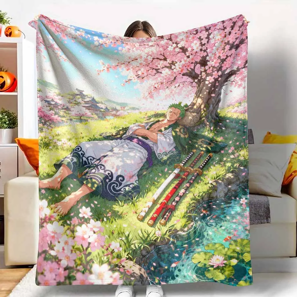Japanese Theme Anime Flannel Blanket - Flannel Fabric, Samurai Cherry Blossom Sakura Warrior Print, Soft Cozy Lightweight Durable, Fading Proof Throw for Sofa Bedroom, Room Decor Spring Festival Gift