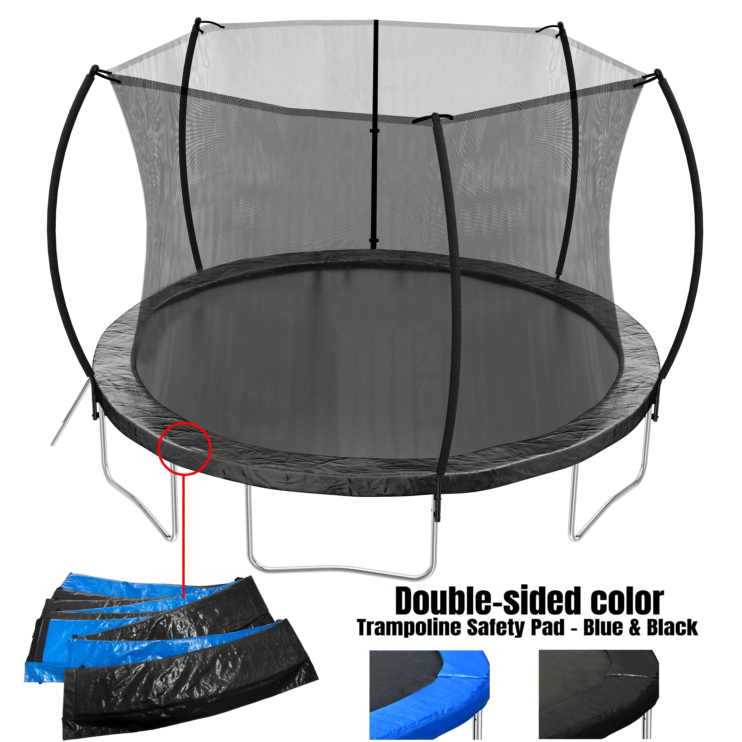 12FT Trampoline for Kids Outdoor Play, with Black and Blue Double-Sided Color Pad, 360-Degree Safety Net, 70 Galvanized Steel Springs, Double-Door Design, Arc-Shaped Durable Soft Fence Poles, Ladder, Easy Assembly for Jumping