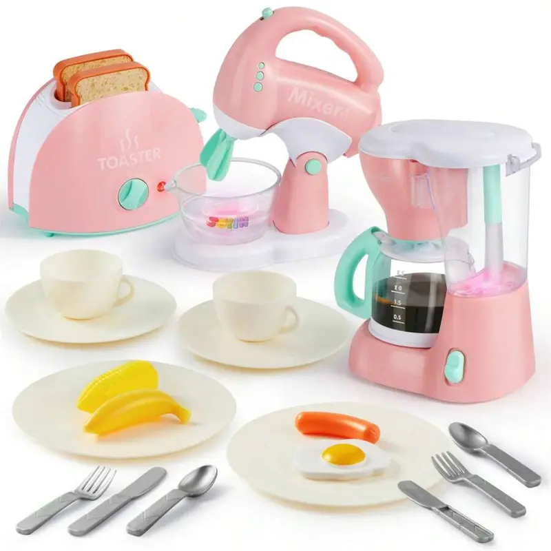 SYNCFUN Play Kitchen Toys, Pretend Play Kitchen Appliances Toy Set With Coffee Maker, Mixer, Toaster With Realistic Lights& Sounds, Birthday Gift For Kids Ages 3+, Pink